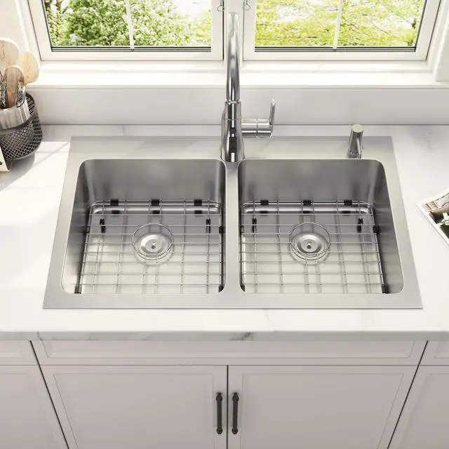 Alt view image 3 of 6 - 33x22 Drop In Double Bowl 33 Inch Topmount Kitchen Sink | 304 Stainless Steel, 18 Gauge Thickness, Commercial Grade Satin Finish, Strainer & Grid Included, 33" x 22" x 9"