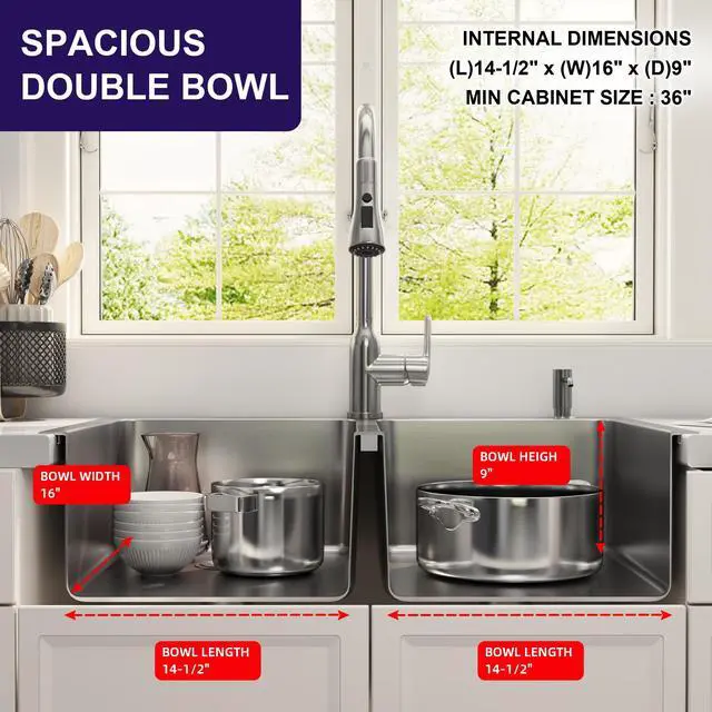 Alt view image 5 of 6 - 33x22 Drop In Double Bowl 33 Inch Topmount Kitchen Sink | 304 Stainless Steel, 18 Gauge Thickness, Commercial Grade Satin Finish, Strainer & Grid Included, 33" x 22" x 9"