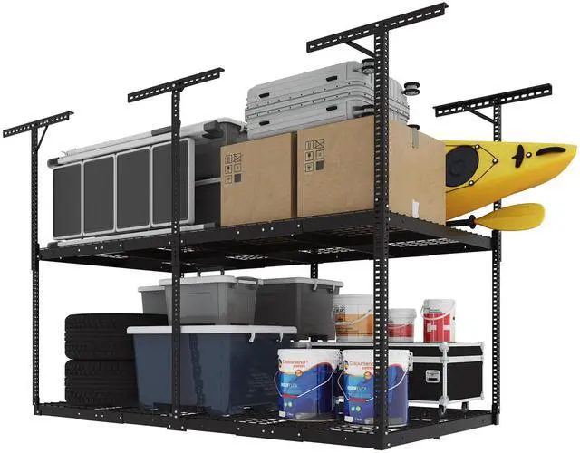Main image of 4x8 2-Tier Overhead Garage Storage Rack Adjustable Heavy Duty Metal Garage Ceiling Storage Racks, 1000 lbs Capacity Garages Organization System for 915 ft Tall Garages, Black