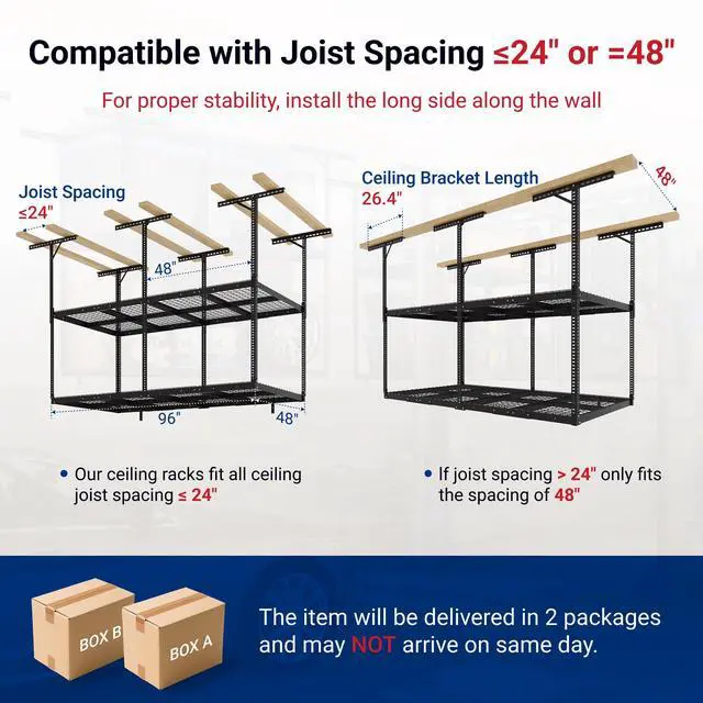 Alt view image 2 of 6 - 4x8 2-Tier Overhead Garage Storage Rack Adjustable Heavy Duty Metal Garage Ceiling Storage Racks, 1000 lbs Capacity Garages Organization System for 915 ft Tall Garages, Black