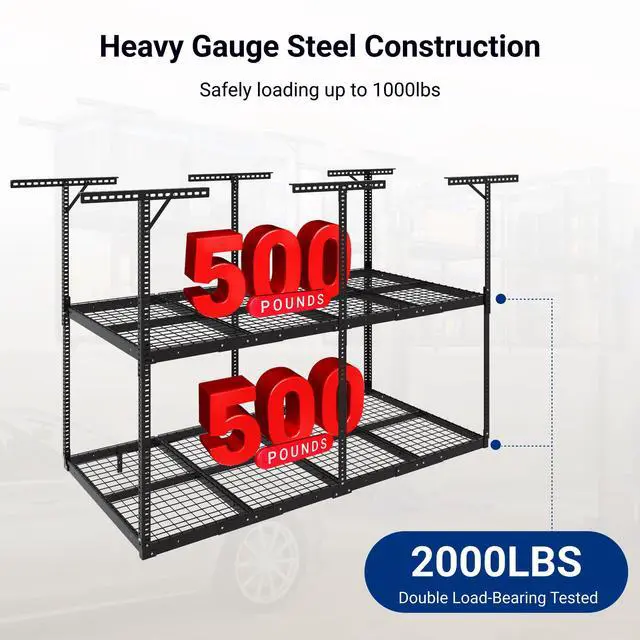 Alt view image 4 of 6 - 4x8 2-Tier Overhead Garage Storage Rack Adjustable Heavy Duty Metal Garage Ceiling Storage Racks, 1000 lbs Capacity Garages Organization System for 915 ft Tall Garages, Black