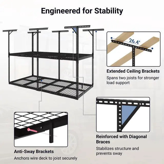 Alt view image 6 of 6 - 4x8 2-Tier Overhead Garage Storage Rack Adjustable Heavy Duty Metal Garage Ceiling Storage Racks, 1000 lbs Capacity Garages Organization System for 915 ft Tall Garages, Black