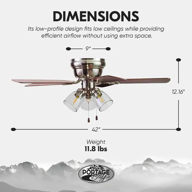 Alt view image 2 of 6 - Renton Ceiling Fan with 3 Speeds & LED Light Bulbs, 42", Brushed Nickel - Quiet Indoor Air Cooling with 5 Reversible Blades & Pull-Chains, for Low Ceilings & Rooms Up to 350 Sq Ft