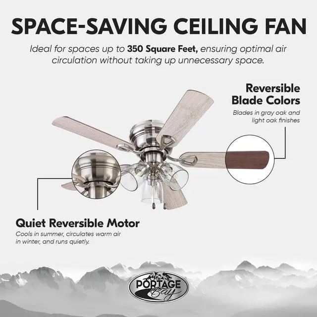 Alt view image 3 of 6 - Renton Ceiling Fan with 3 Speeds & LED Light Bulbs, 42", Brushed Nickel - Quiet Indoor Air Cooling with 5 Reversible Blades & Pull-Chains, for Low Ceilings & Rooms Up to 350 Sq Ft