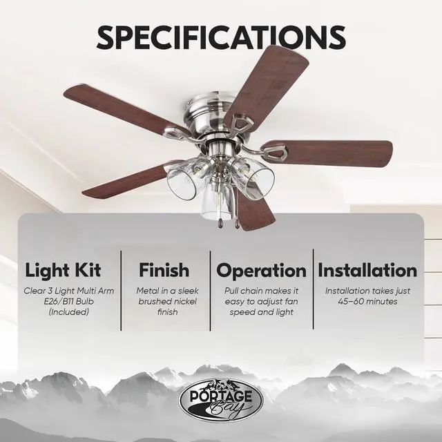 Alt view image 5 of 6 - Renton Ceiling Fan with 3 Speeds & LED Light Bulbs, 42", Brushed Nickel - Quiet Indoor Air Cooling with 5 Reversible Blades & Pull-Chains, for Low Ceilings & Rooms Up to 350 Sq Ft