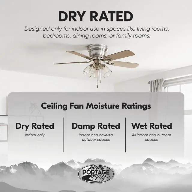 Alt view image 6 of 6 - Renton Ceiling Fan with 3 Speeds & LED Light Bulbs, 42", Brushed Nickel - Quiet Indoor Air Cooling with 5 Reversible Blades & Pull-Chains, for Low Ceilings & Rooms Up to 350 Sq Ft