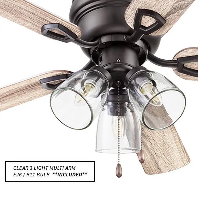 Alt view image 4 of 6 - Ceiling Fans Renton 42" Bronze Indoor Fan with Clear 3 Light LED Multi Arm; E26/B11 Bulb and Pull-Chains, Traditional Style, 5 Reversible Barnwood/Dark Chestnut Blades, 51436