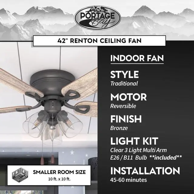 Alt view image 6 of 6 - Ceiling Fans Renton 42" Bronze Indoor Fan with Clear 3 Light LED Multi Arm; E26/B11 Bulb and Pull-Chains, Traditional Style, 5 Reversible Barnwood/Dark Chestnut Blades, 51436