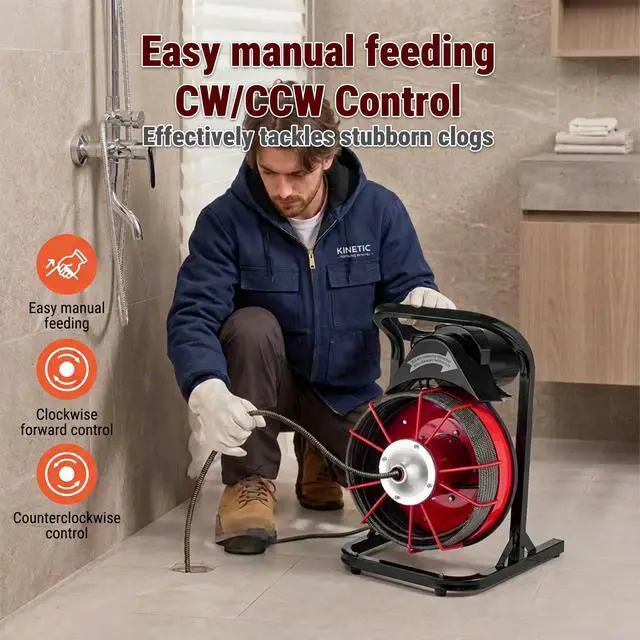 Alt view image 2 of 6 - 75FT x 1/2 Inch Drain Cleaner Machine, Manual Feed Electric Drain Auger for 2"-6" Pipes, Sewer Snake Auger with 4 Cutters & Pneumatic Foot Switch