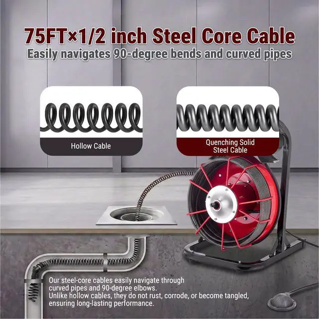 Alt view image 3 of 6 - 75FT x 1/2 Inch Drain Cleaner Machine, Manual Feed Electric Drain Auger for 2"-6" Pipes, Sewer Snake Auger with 4 Cutters & Pneumatic Foot Switch