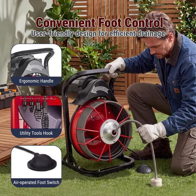 Alt view image 5 of 6 - 75FT x 1/2 Inch Drain Cleaner Machine, Manual Feed Electric Drain Auger for 2"-6" Pipes, Sewer Snake Auger with 4 Cutters & Pneumatic Foot Switch