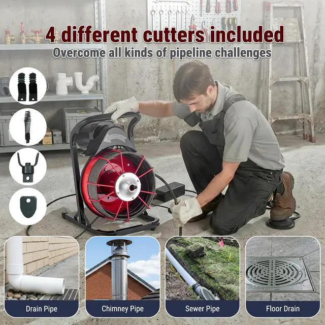 Alt view image 6 of 6 - 75FT x 1/2 Inch Drain Cleaner Machine, Manual Feed Electric Drain Auger for 2"-6" Pipes, Sewer Snake Auger with 4 Cutters & Pneumatic Foot Switch