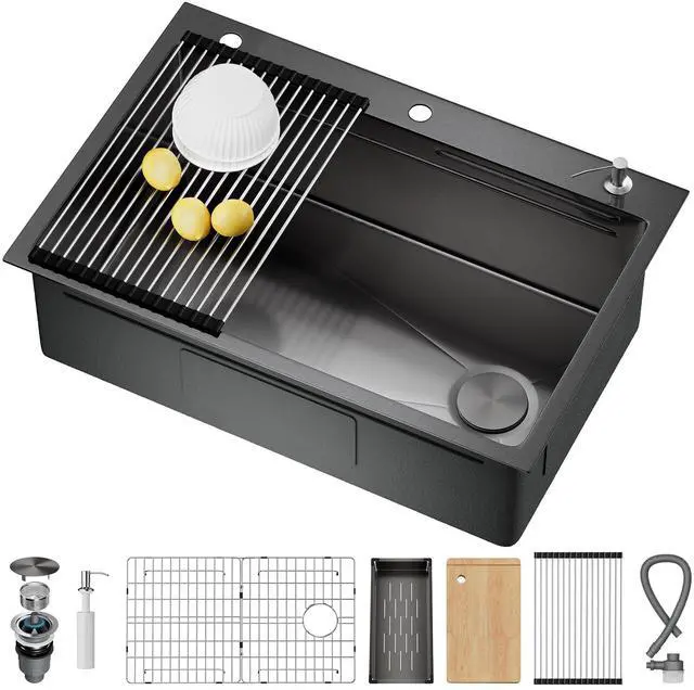 Main image of 33X22 Drop In Kitchen Sink with Pop-Up Drain, 304 Stainless Steel Workstation, Upgraded Fast Drain, Topmount Single Bowl with kitchen Accessories, Foldable Grid, black kitchen sink