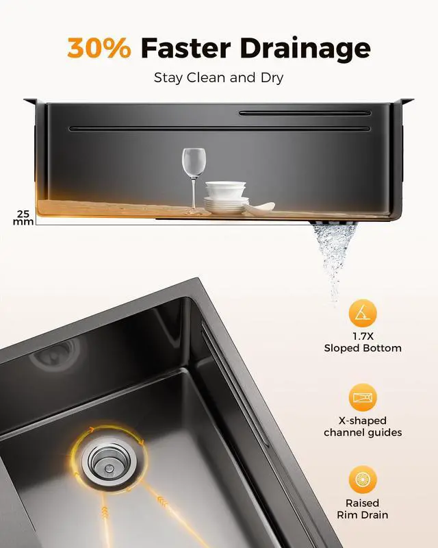 Alt view image 2 of 6 - 33X22 Drop In Kitchen Sink with Pop-Up Drain, 304 Stainless Steel Workstation, Upgraded Fast Drain, Topmount Single Bowl with kitchen Accessories, Foldable Grid, black kitchen sink
