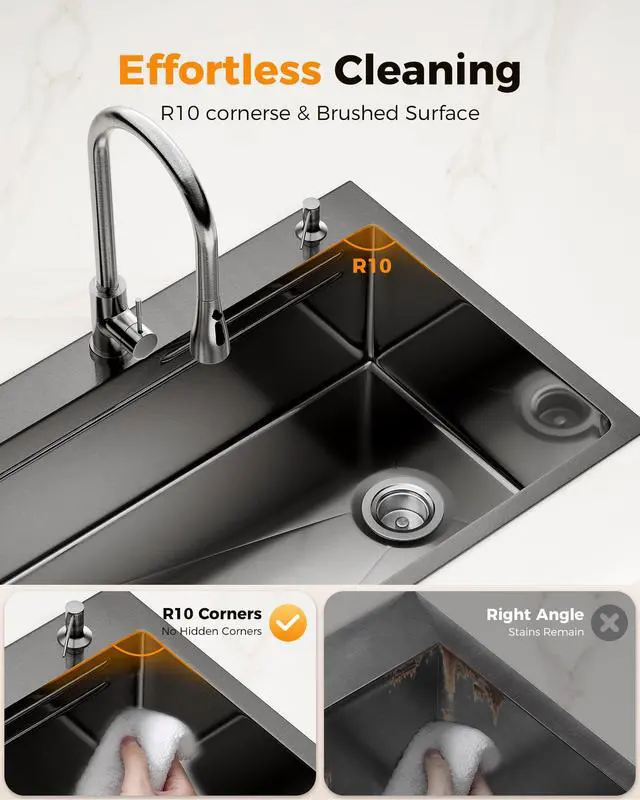 Alt view image 4 of 6 - 33X22 Drop In Kitchen Sink with Pop-Up Drain, 304 Stainless Steel Workstation, Upgraded Fast Drain, Topmount Single Bowl with kitchen Accessories, Foldable Grid, black kitchen sink