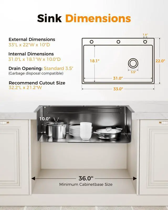 Alt view image 6 of 6 - 33X22 Drop In Kitchen Sink with Pop-Up Drain, 304 Stainless Steel Workstation, Upgraded Fast Drain, Topmount Single Bowl with kitchen Accessories, Foldable Grid, black kitchen sink