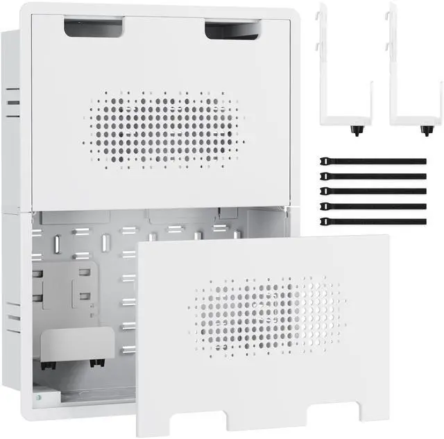 Main image of 17" Recessed in-Wall Media Box for TV Flush Wall AV Enclosure with Adjustable Shelf, Cable Straps & Vented Cover Compatible with Apple TV, Roku & More - Pack of 4