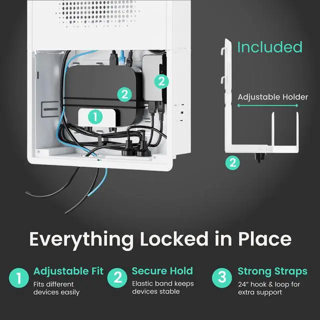 Alt view image 3 of 6 - 17" Recessed in-Wall Media Box for TV Flush Wall AV Enclosure with Adjustable Shelf, Cable Straps & Vented Cover Compatible with Apple TV, Roku & More - Pack of 4