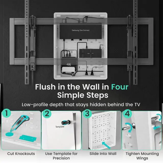 Alt view image 5 of 6 - 17" Recessed in-Wall Media Box for TV Flush Wall AV Enclosure with Adjustable Shelf, Cable Straps & Vented Cover Compatible with Apple TV, Roku & More - Pack of 4