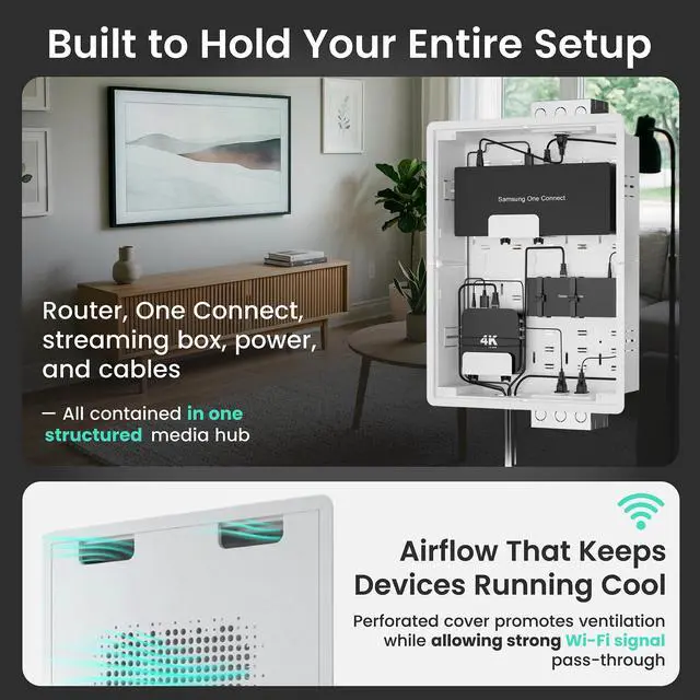 Alt view image 6 of 6 - 17" Recessed in-Wall Media Box for TV Flush Wall AV Enclosure with Adjustable Shelf, Cable Straps & Vented Cover Compatible with Apple TV, Roku & More - Pack of 4