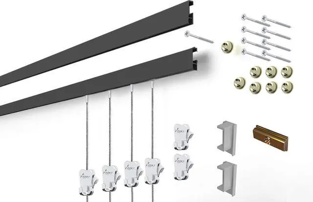 Main image of STAS Cliprail Picture Hanging System Set - Covers 19.69 ft of Wall Space - Basic Picture Rail & Art Hanging Gallery Kit (Black Rails, Includes 12 Hooks & 8 Cords)