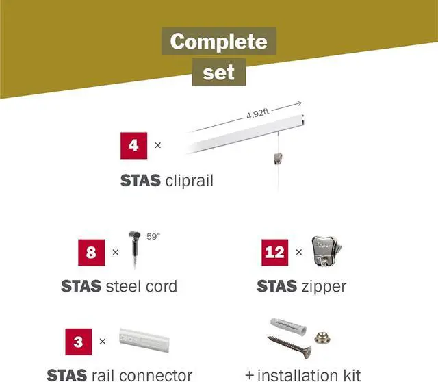 Alt view image 5 of 6 - STAS Cliprail Picture Hanging System Set - Covers 19.69 ft of Wall Space - Basic Picture Rail & Art Hanging Gallery Kit (Black Rails, Includes 12 Hooks & 8 Cords)