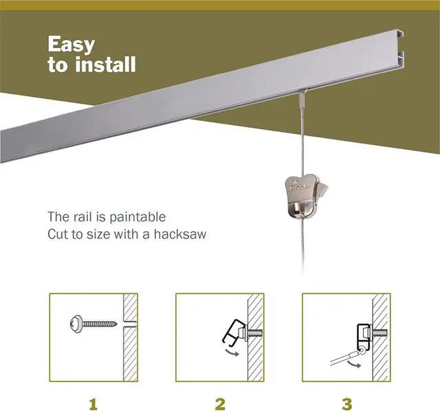 Alt view image 6 of 6 - STAS Cliprail Picture Hanging System Set - Covers 19.69 ft of Wall Space - Basic Picture Rail & Art Hanging Gallery Kit (Black Rails, Includes 12 Hooks & 8 Cords)