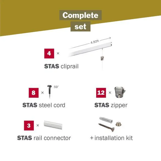 Alt view image 3 of 6 - STAS Cliprail Picture Hanging System Set - Covers 19.69 ft of Wall Space - Basic Picture Rail & Art Hanging Gallery Kit (Matte Silver Rails, Includes 12 Hooks & 8 Cords)