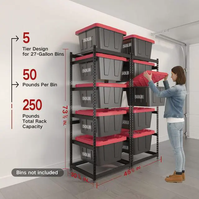 Alt view image 2 of 6 - 27 Gallon Storage Bin Rack Organizer, Heavy-Duty Tote Storage Rack, 5-Tier Standing Storage Bin Shelves, 250 lb Capacity, Maximize Space for Garage, Warehouse, Utility, 2 Pack (Totes Not Included)
