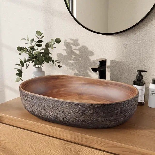 Main image of Bathroom Vessel Sink, 23.23" Oval Bowl Sink Retro Ceramic Washbasin Above Counter for Bathroom,Without Pop-up Drain