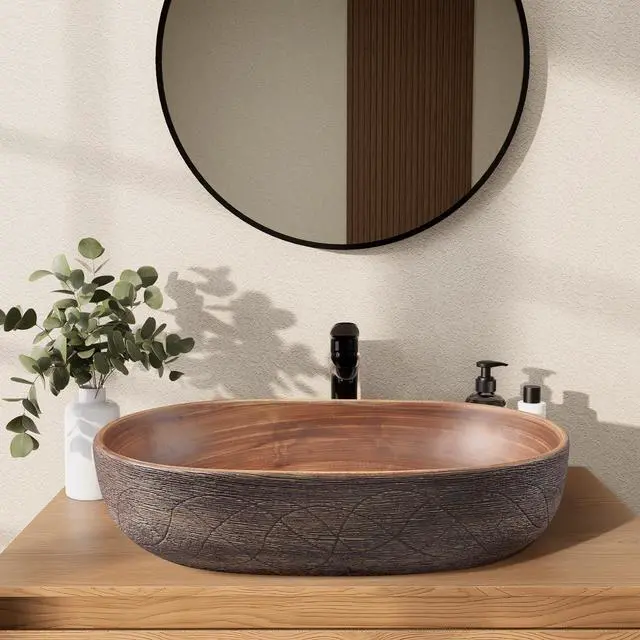 Alt view image 6 of 6 - Bathroom Vessel Sink, 23.23" Oval Bowl Sink Retro Ceramic Washbasin Above Counter for Bathroom,Without Pop-up Drain