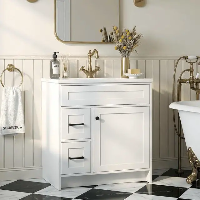 Main image of 30 Inch Freestanding Bathroom Vanity with Sink, Shaker Style White Cabinet with 2 Drawers & Single Door, Waterproof Lacquer Finish, Space-Saving for Small Bathroom & Apartment