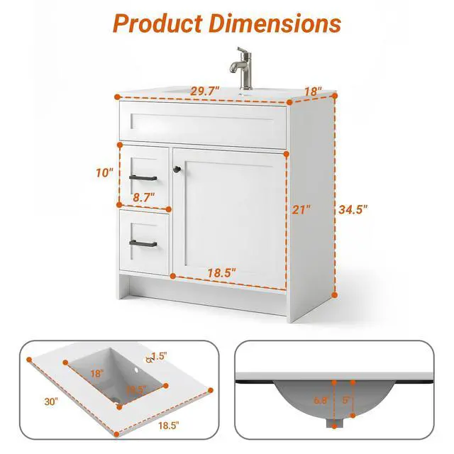 Alt view image 2 of 6 - 30 Inch Freestanding Bathroom Vanity with Sink, Shaker Style White Cabinet with 2 Drawers & Single Door, Waterproof Lacquer Finish, Space-Saving for Small Bathroom & Apartment