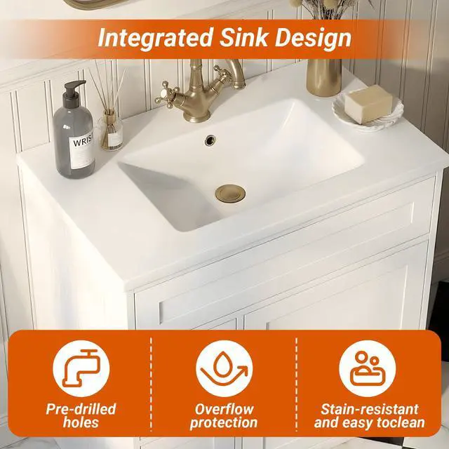 Alt view image 3 of 6 - 30 Inch Freestanding Bathroom Vanity with Sink, Shaker Style White Cabinet with 2 Drawers & Single Door, Waterproof Lacquer Finish, Space-Saving for Small Bathroom & Apartment