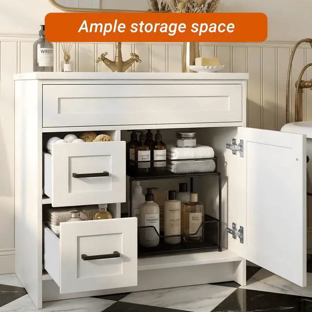 Alt view image 4 of 6 - 30 Inch Freestanding Bathroom Vanity with Sink, Shaker Style White Cabinet with 2 Drawers & Single Door, Waterproof Lacquer Finish, Space-Saving for Small Bathroom & Apartment