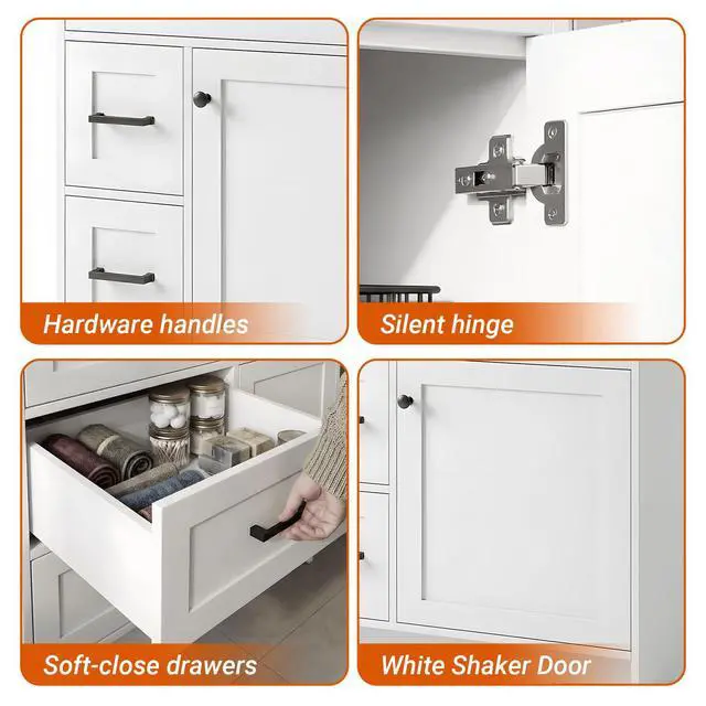 Alt view image 5 of 6 - 30 Inch Freestanding Bathroom Vanity with Sink, Shaker Style White Cabinet with 2 Drawers & Single Door, Waterproof Lacquer Finish, Space-Saving for Small Bathroom & Apartment