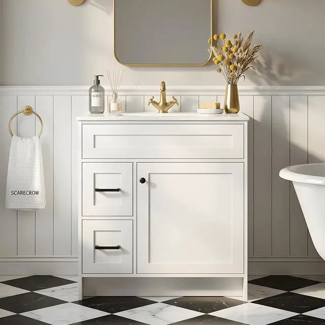 Alt view image 6 of 6 - 30 Inch Freestanding Bathroom Vanity with Sink, Shaker Style White Cabinet with 2 Drawers & Single Door, Waterproof Lacquer Finish, Space-Saving for Small Bathroom & Apartment