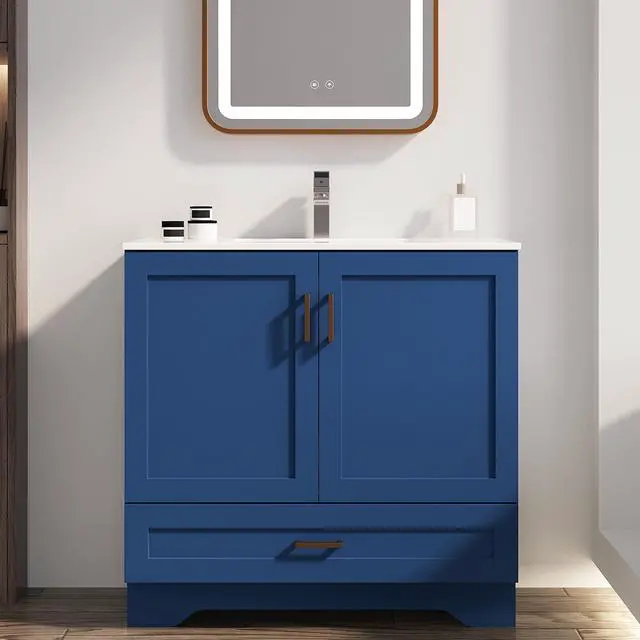 Main image of 36 inch Bathroom Vanity with Sink, Modern Blue Vanity for Bathroom with Undermount Ceramic Sink, Freestanding 2-Door & 1-Drawer Storage Cabinet, for Small Bathroom Space, (Blue, 36")
