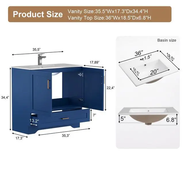 Alt view image 2 of 6 - 36 inch Bathroom Vanity with Sink, Modern Blue Vanity for Bathroom with Undermount Ceramic Sink, Freestanding 2-Door & 1-Drawer Storage Cabinet, for Small Bathroom Space, (Blue, 36")