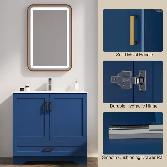 Alt view image 3 of 6 - 36 inch Bathroom Vanity with Sink, Modern Blue Vanity for Bathroom with Undermount Ceramic Sink, Freestanding 2-Door & 1-Drawer Storage Cabinet, for Small Bathroom Space, (Blue, 36")