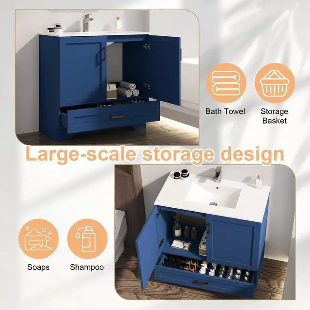 Alt view image 4 of 6 - 36 inch Bathroom Vanity with Sink, Modern Blue Vanity for Bathroom with Undermount Ceramic Sink, Freestanding 2-Door & 1-Drawer Storage Cabinet, for Small Bathroom Space, (Blue, 36")