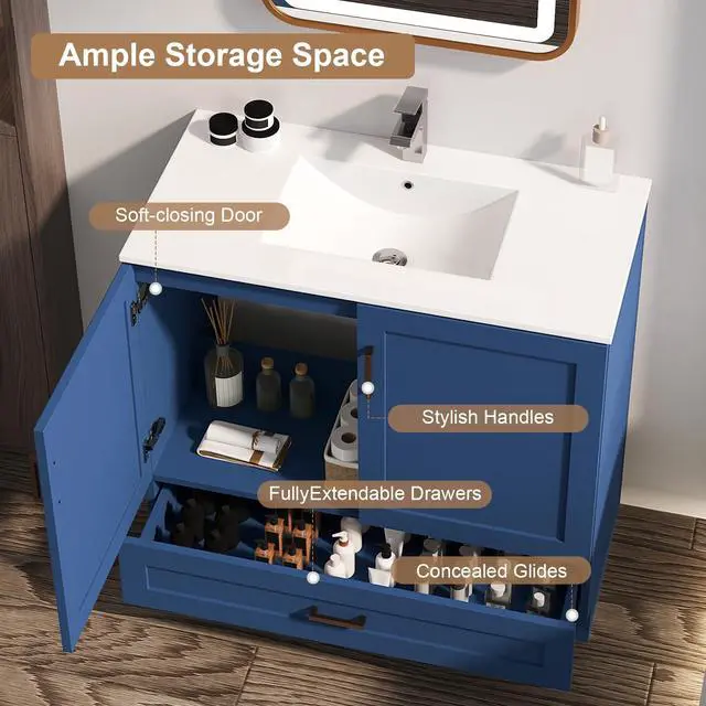 Alt view image 5 of 6 - 36 inch Bathroom Vanity with Sink, Modern Blue Vanity for Bathroom with Undermount Ceramic Sink, Freestanding 2-Door & 1-Drawer Storage Cabinet, for Small Bathroom Space, (Blue, 36")