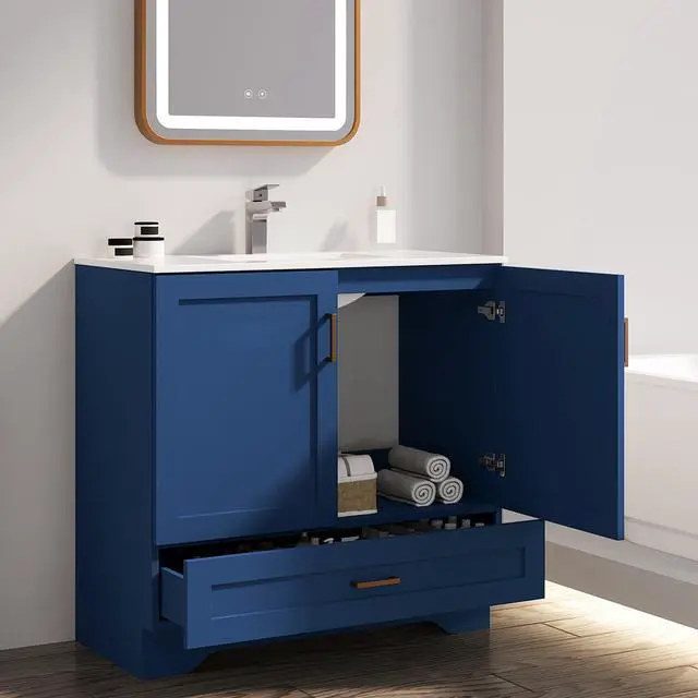 Alt view image 6 of 6 - 36 inch Bathroom Vanity with Sink, Modern Blue Vanity for Bathroom with Undermount Ceramic Sink, Freestanding 2-Door & 1-Drawer Storage Cabinet, for Small Bathroom Space, (Blue, 36")