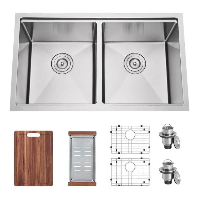 Alt view image 2 of 6 - 32 Inch Undermount Workstation Handmade Double Bowl Kitchen Sink | 16 Gauge Thickness, 304 Stainless Steel, Brushed Satin Finish, 50/50 Large Capacity, Accessories Included, 32" x 18" x 10"