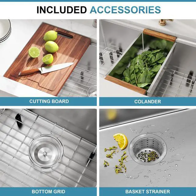 Alt view image 4 of 6 - 32 Inch Undermount Workstation Handmade Double Bowl Kitchen Sink | 16 Gauge Thickness, 304 Stainless Steel, Brushed Satin Finish, 50/50 Large Capacity, Accessories Included, 32" x 18" x 10"