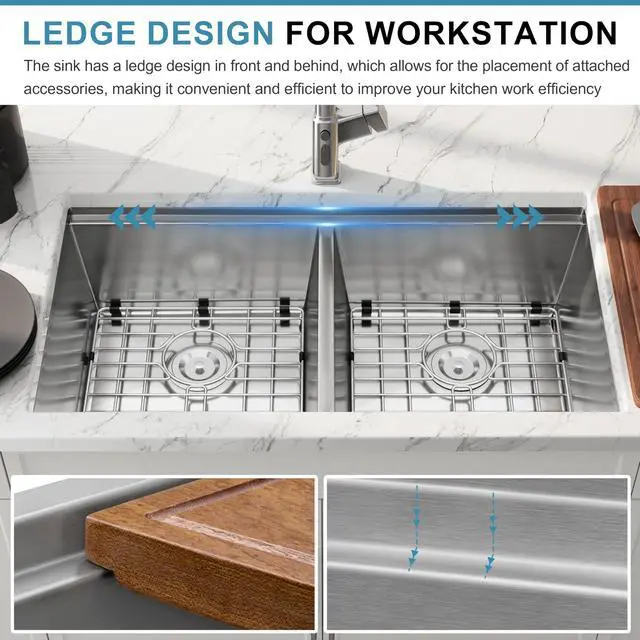 Alt view image 5 of 6 - 32 Inch Undermount Workstation Handmade Double Bowl Kitchen Sink | 16 Gauge Thickness, 304 Stainless Steel, Brushed Satin Finish, 50/50 Large Capacity, Accessories Included, 32" x 18" x 10"