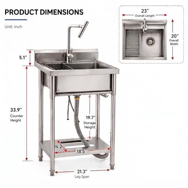 Alt view image 2 of 6 - Stainless Steel Utility Sink, 23'' × 20'' × 39'' Freestanding Stainless Steel Single Bowl Laundry Sink with T Shape Faucet for Kitchen, Bathroom, Garage or Basement, Easy Install