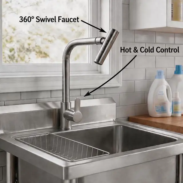 Alt view image 3 of 6 - Stainless Steel Utility Sink, 23'' × 20'' × 39'' Freestanding Stainless Steel Single Bowl Laundry Sink with T Shape Faucet for Kitchen, Bathroom, Garage or Basement, Easy Install