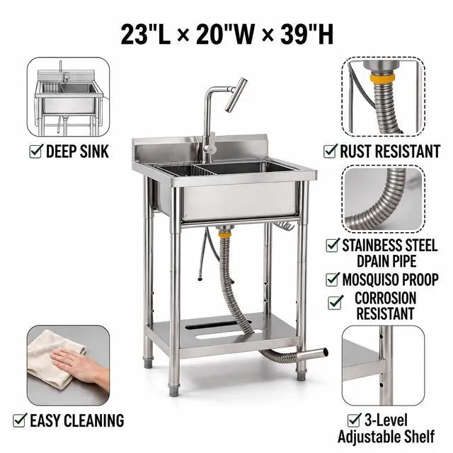 Alt view image 4 of 6 - Stainless Steel Utility Sink, 23'' × 20'' × 39'' Freestanding Stainless Steel Single Bowl Laundry Sink with T Shape Faucet for Kitchen, Bathroom, Garage or Basement, Easy Install