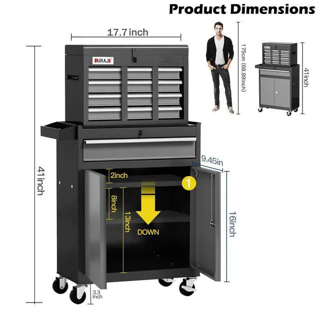 Alt view image 2 of 6 - 7-Drawer Tool Chest with Wheels,40'' Rolling Tool Chest with Drawers,Portable Tool Cabinet with Liners,Detachable Top Tool Box,Rolling Tool Box for Garage Storage,Workshop,Warehouse,Black